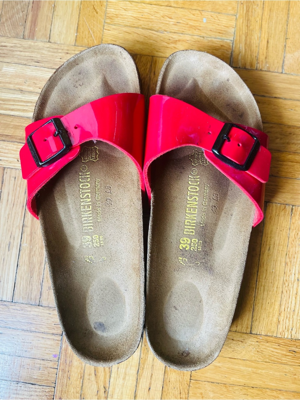 Birkenstock Madrid Patent Red Single-Strap Slide Sandals - Size 39 (US 8/8.5)